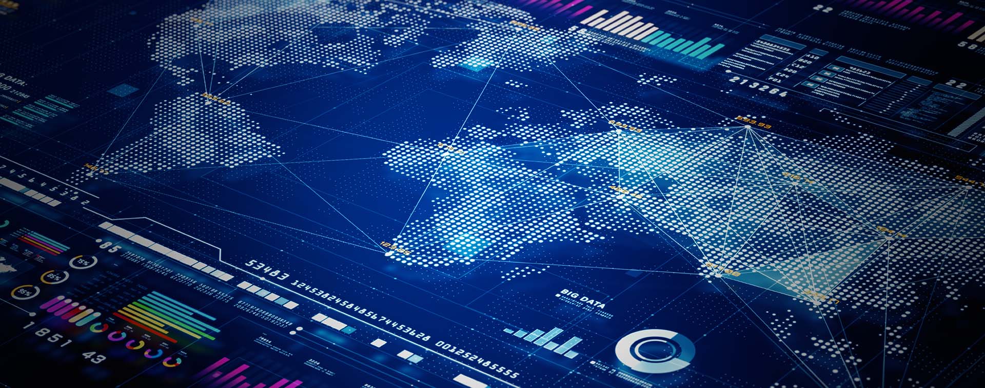 High-tech digital world map features data points, graphs, and global network connections, risk assessment.
