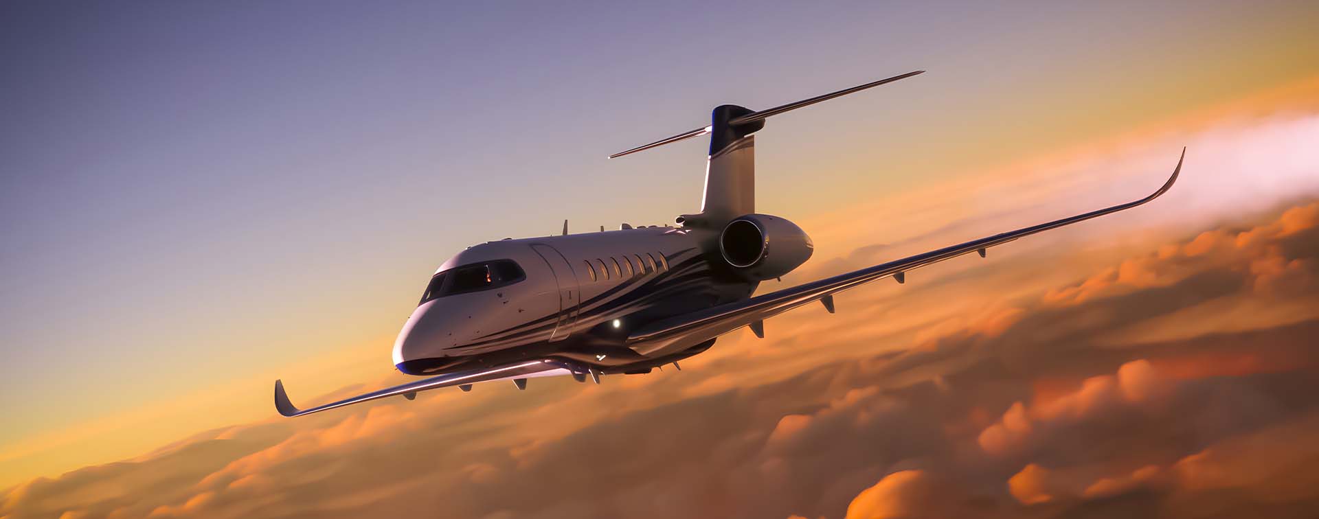 A luxury private jet flying over cloudy skies at sunset