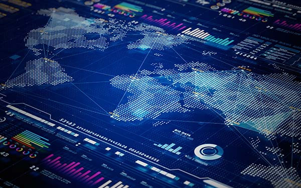 High-tech digital world map features data points, graphs, and global network connections, risk assessment.