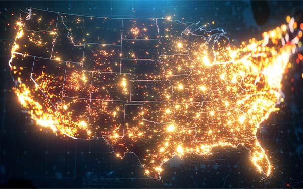 Night Map of USA with City Lights Illumination