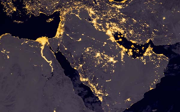 Middle East, West Asia, Eastern Europe lights at night as it looks like from space. Elements of this image are furnished by NASA.