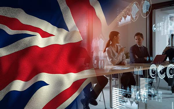 British flag with business strategy meeting overlay