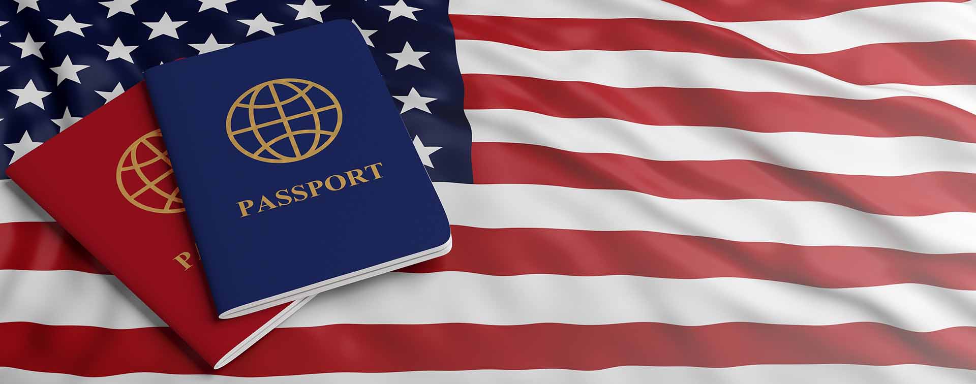 Two passports, one red one blue, on USA flag background. 3D illustration