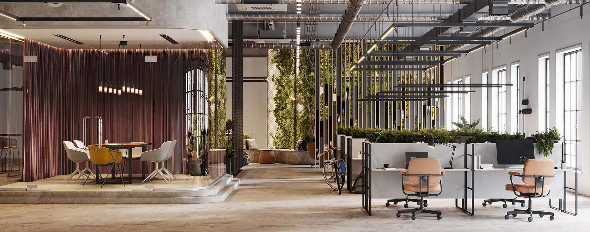 An empty modern office interior with exposed pipes in the ceiling, plants, and cubicle desks