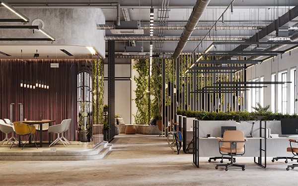 An empty modern office interior with exposed pipes in the ceiling, plants, and cubicle desks